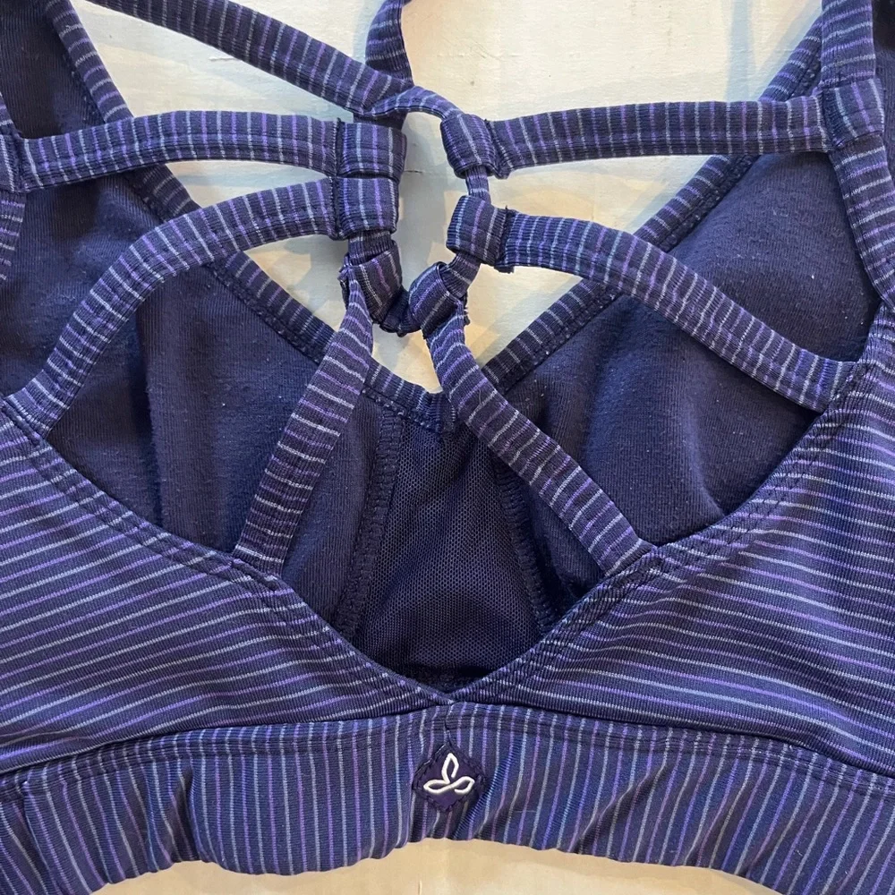 Prana Dreaming sports bra purple striped strappy caged back V neck size XS - Picture 5 of 8